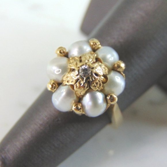 Womens Vintage Estate 14K Gold Pearl & Diamond Ring 8.7g E1602